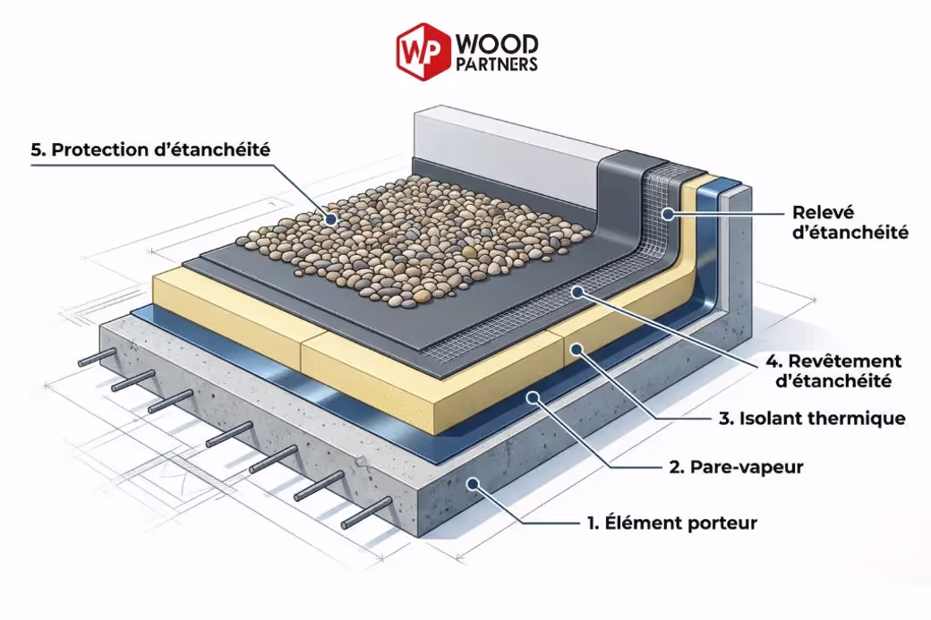 A watertight flat roof relies on a multi-layer system called a waterproofing build-up